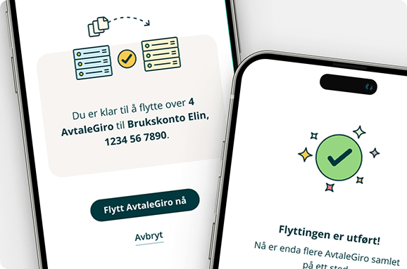 Mobilskjerm som viser ein bankapp der brukaren flyttar AvtaleGiro frå ein annan bank, med stadfesting av overføringa.