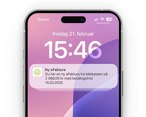 Mobilskjerm som viser ei pushvarsling frå banken om ei ny betaling, eFaktura eller ein viktig kontooppdatering.