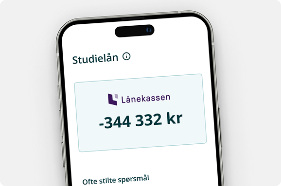 Mobilskjerm som viser ein bankapp med oversikt over studielån, inkludert uteståande beløp og betalingsstatus.